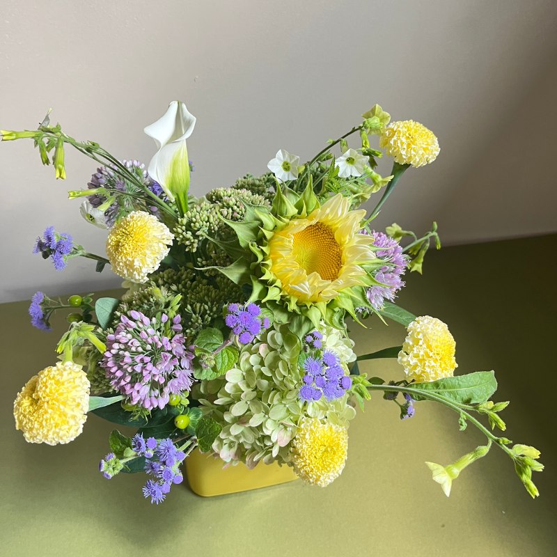 Purple and pastel yellow birthday flowers delivered in West Bend